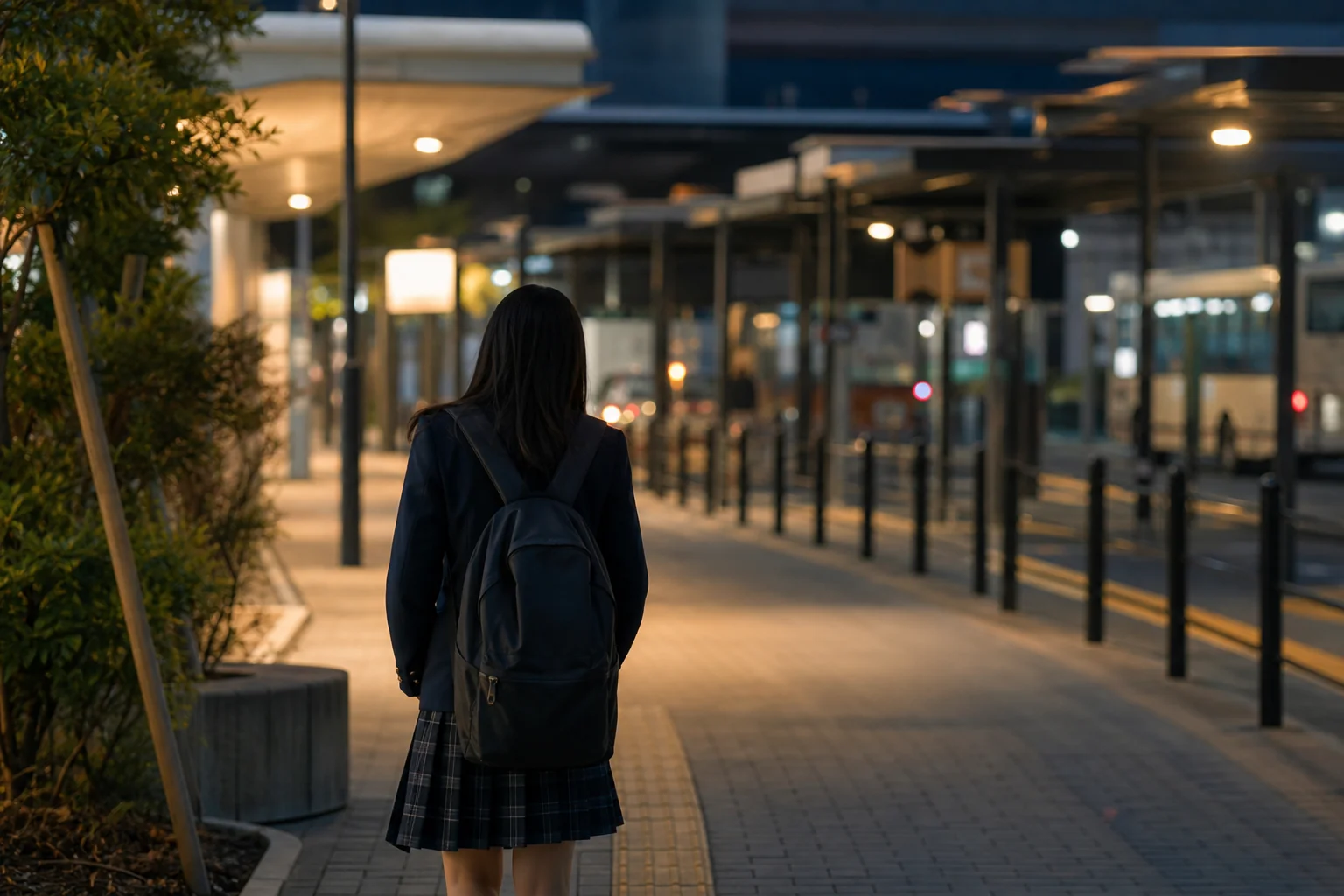 夜の駅前のバスロータリー沿いを歩く高校生の後ろ姿