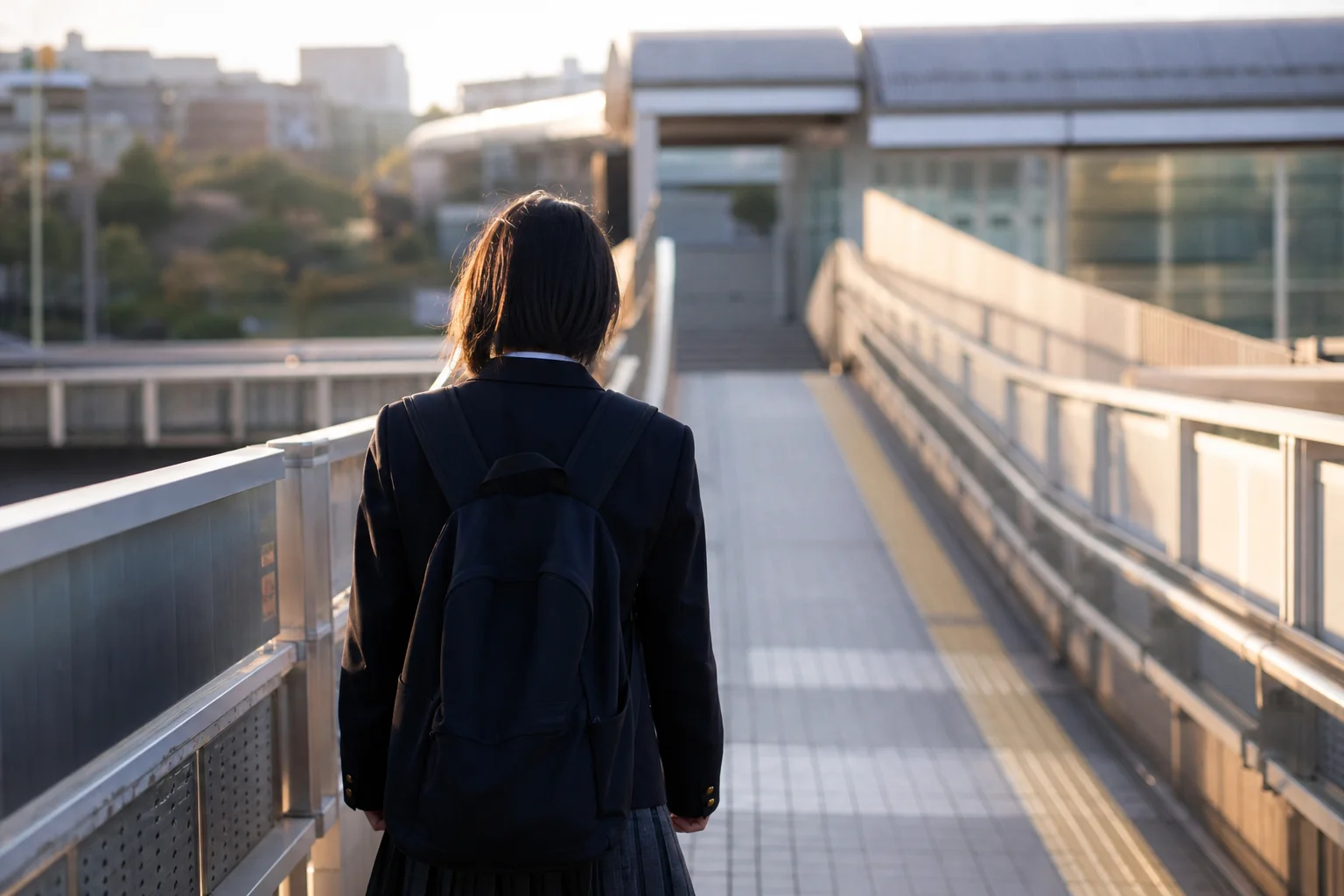 夕方の駅前のペデストリアンデッキを歩く中学生の後ろ姿