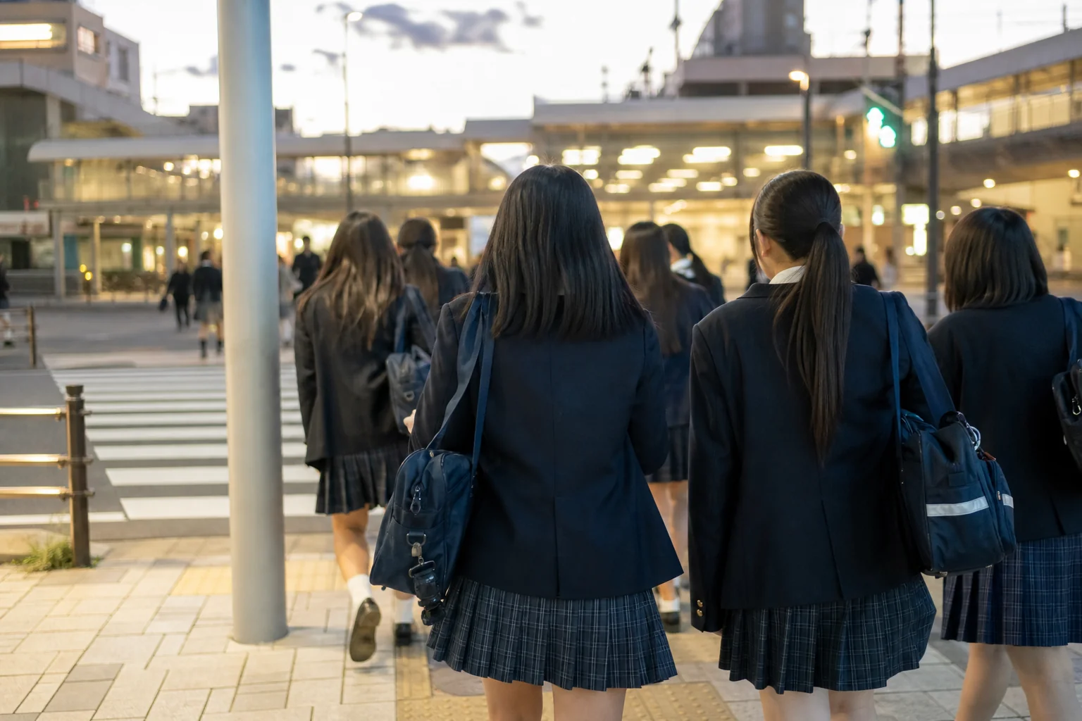 夕方の駅前を学校帰りに歩く高校生の後ろ姿