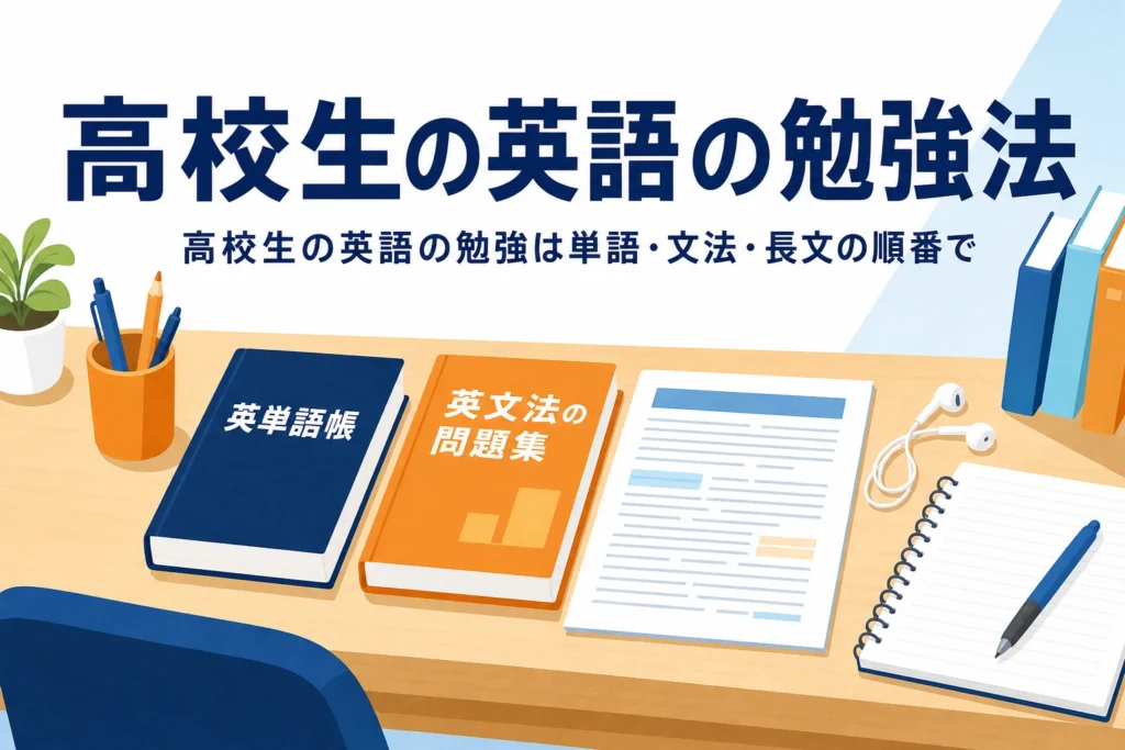 高校生の英語の勉強法を、単語・文法・長文の順番と続け方から紹介する記事のアイキャッチ