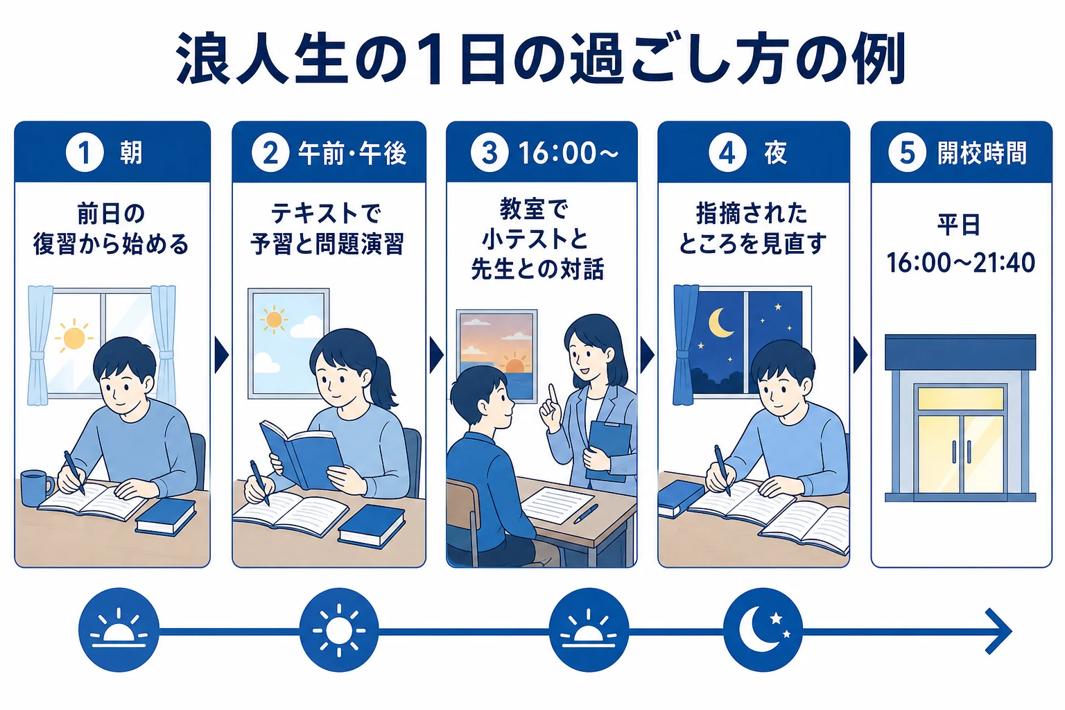 坪田塾の高卒生が、昼は家で予習し、平日16時からの開校時間に教室で小テストと対話で確かめる1日の過ごし方の例を示した図解