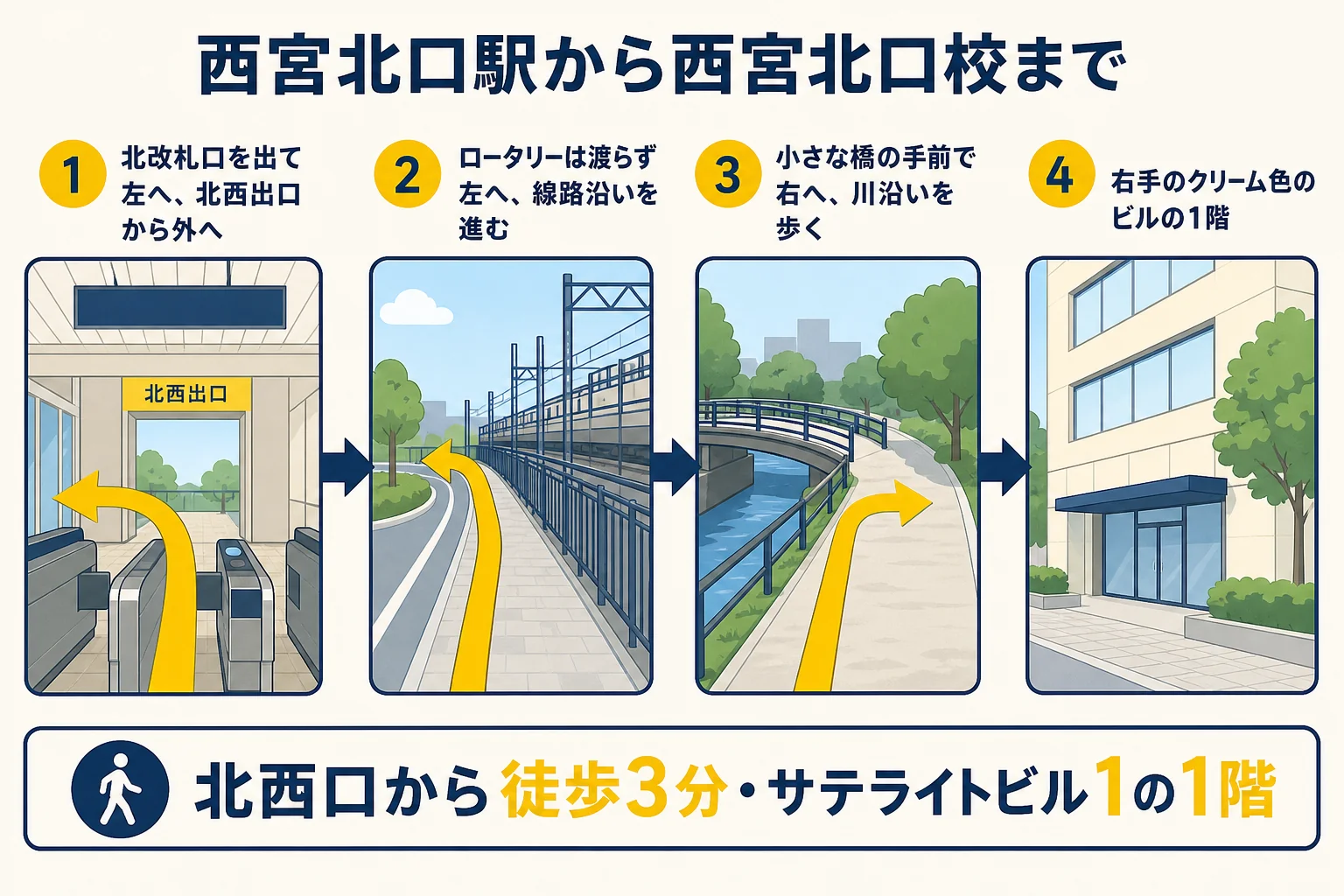 西宮北口駅の北改札口から北西出口へ出て、線路沿いを進み、小さな橋の手前で右折して川沿いのサテライトビル1の1階へ向かう流れの図解