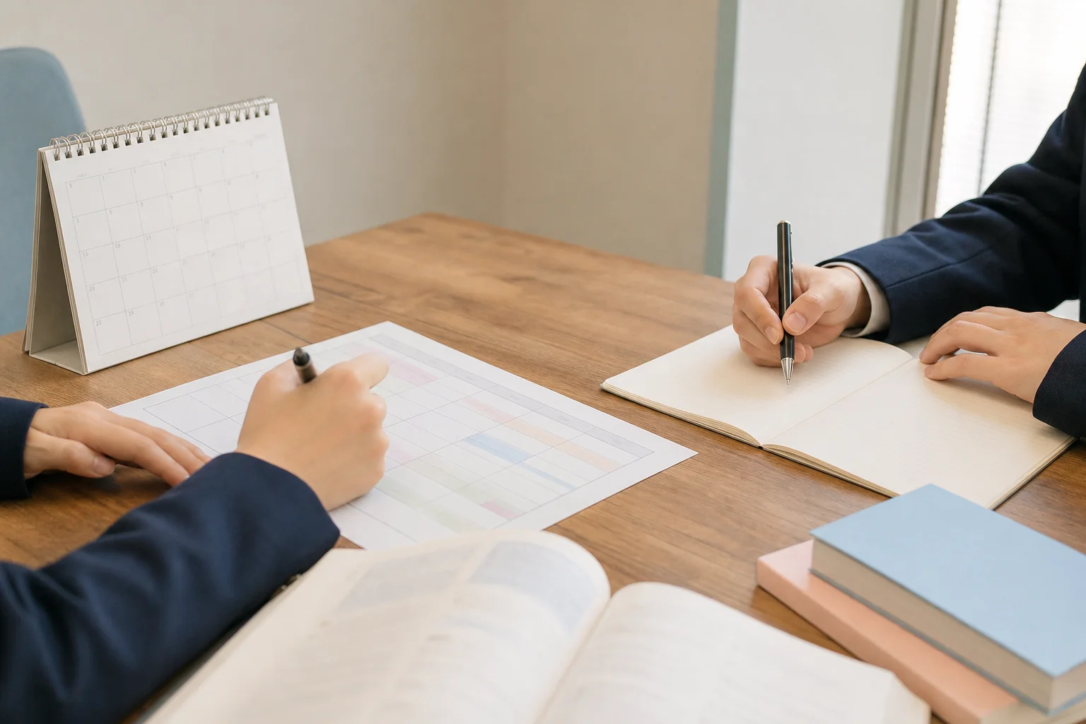 面談室のテーブルに志望校の資料と学習計画の用紙が置かれ、待っている間の勉強の進め方を相談している手元