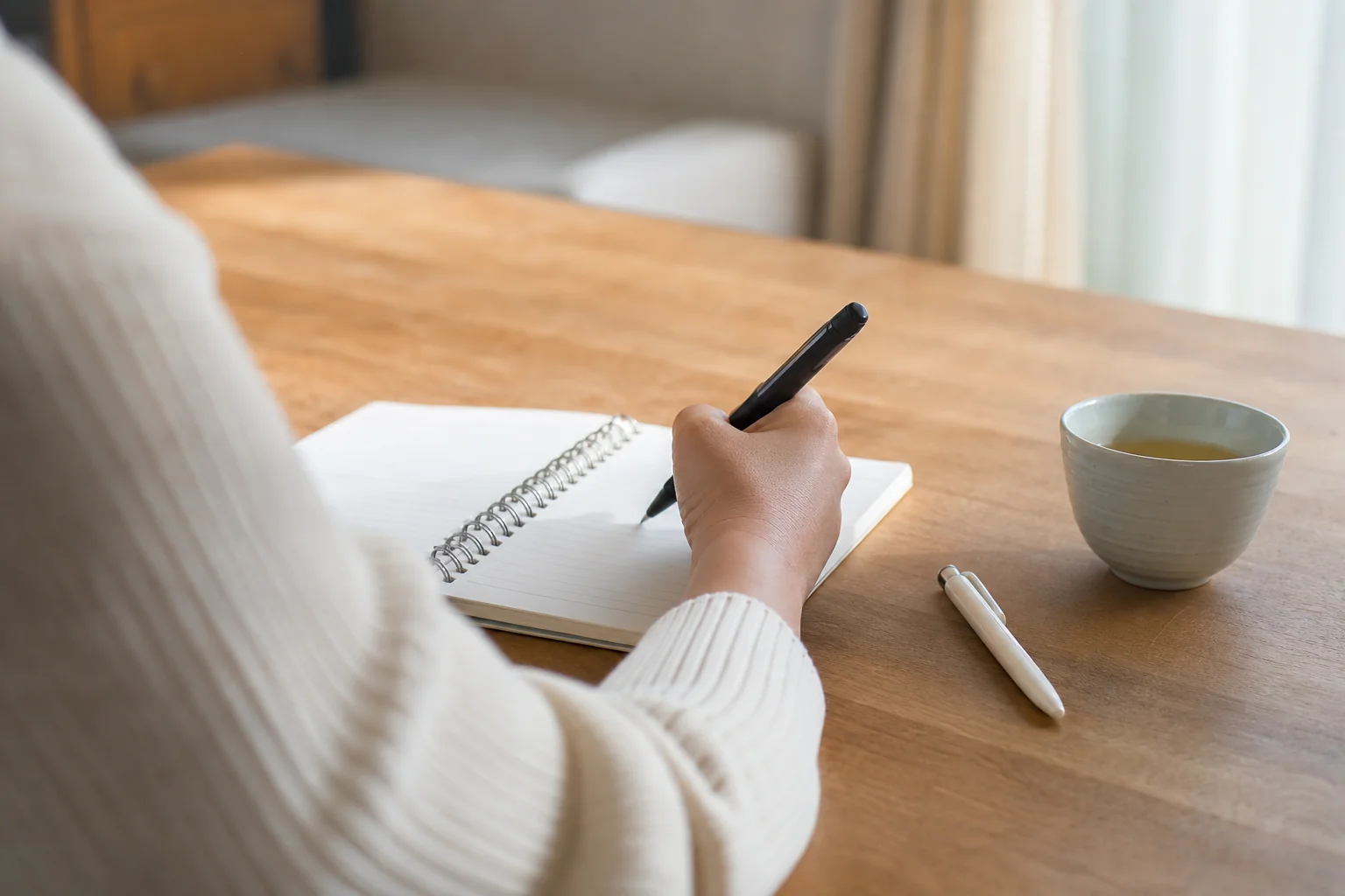 都立大学駅近くの校舎の説明会に向けて、聞きたいことをノートに書き出している保護者の手元
