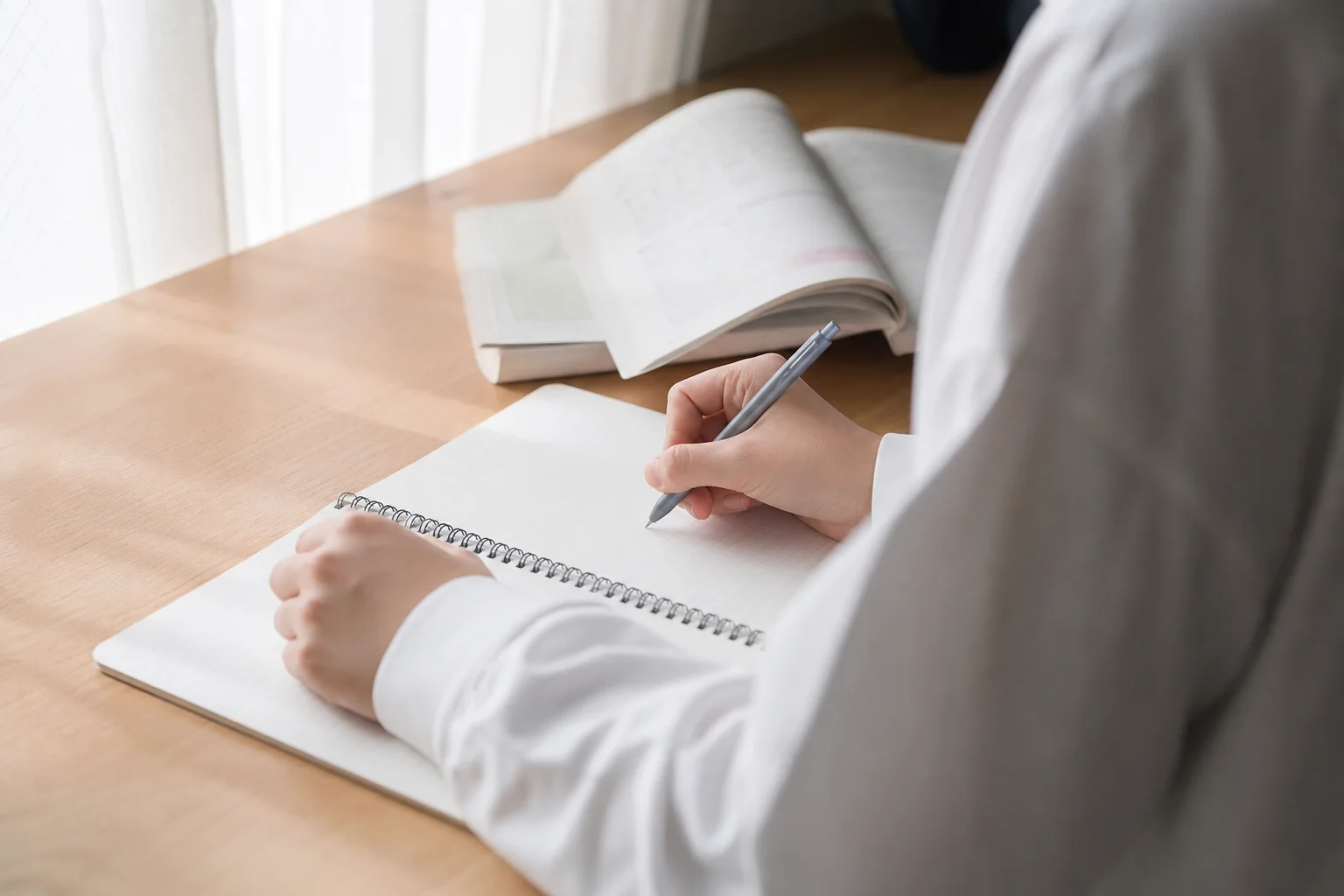家の机でノートに志望校や苦手科目を書き出して、塾の学習相談に向けて準備している手元の様子
