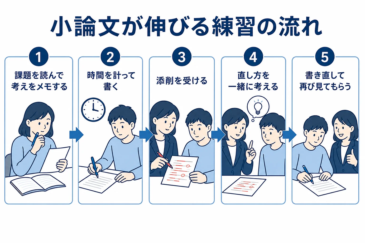 小論文の答案を書いて添削を受け、書き直すまでの流れを順番に並べた図解